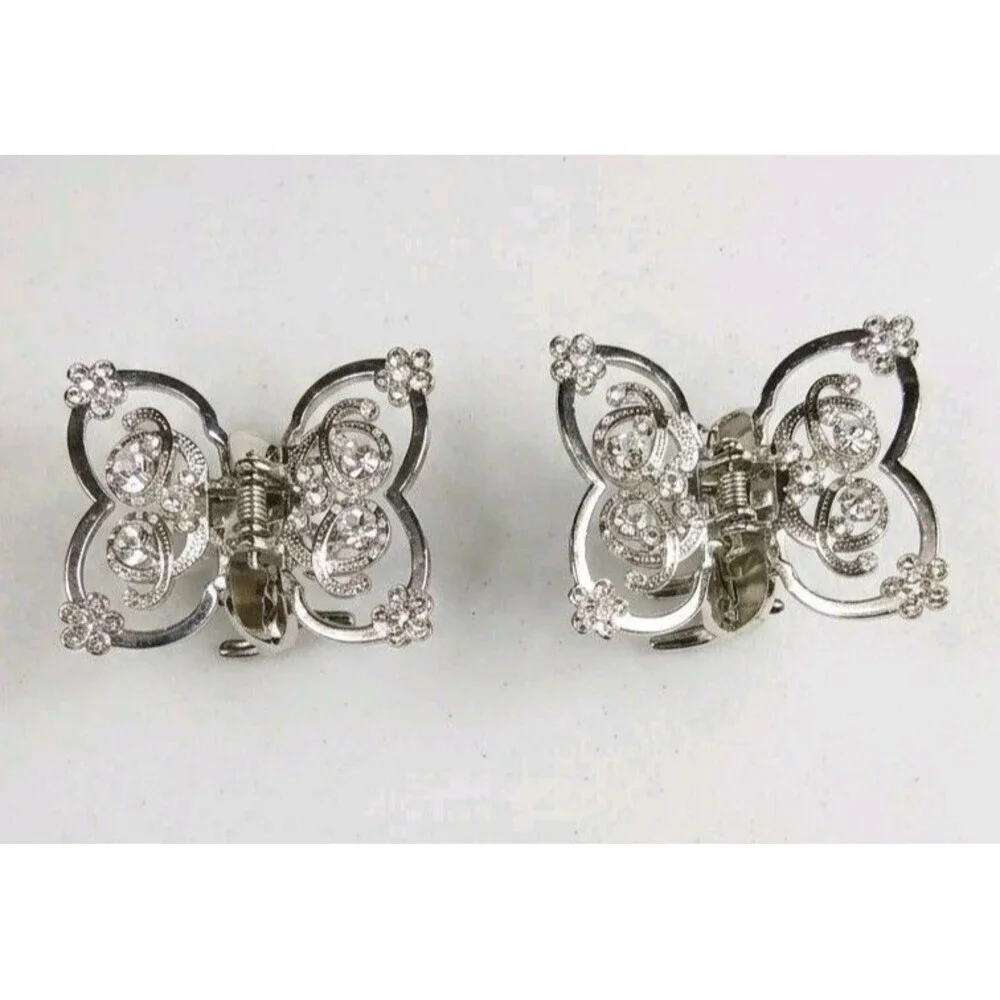 Vintage Silver Butterfly Claw Clip Set Rhinestone Crystal Metal Hair Jaw Clamps